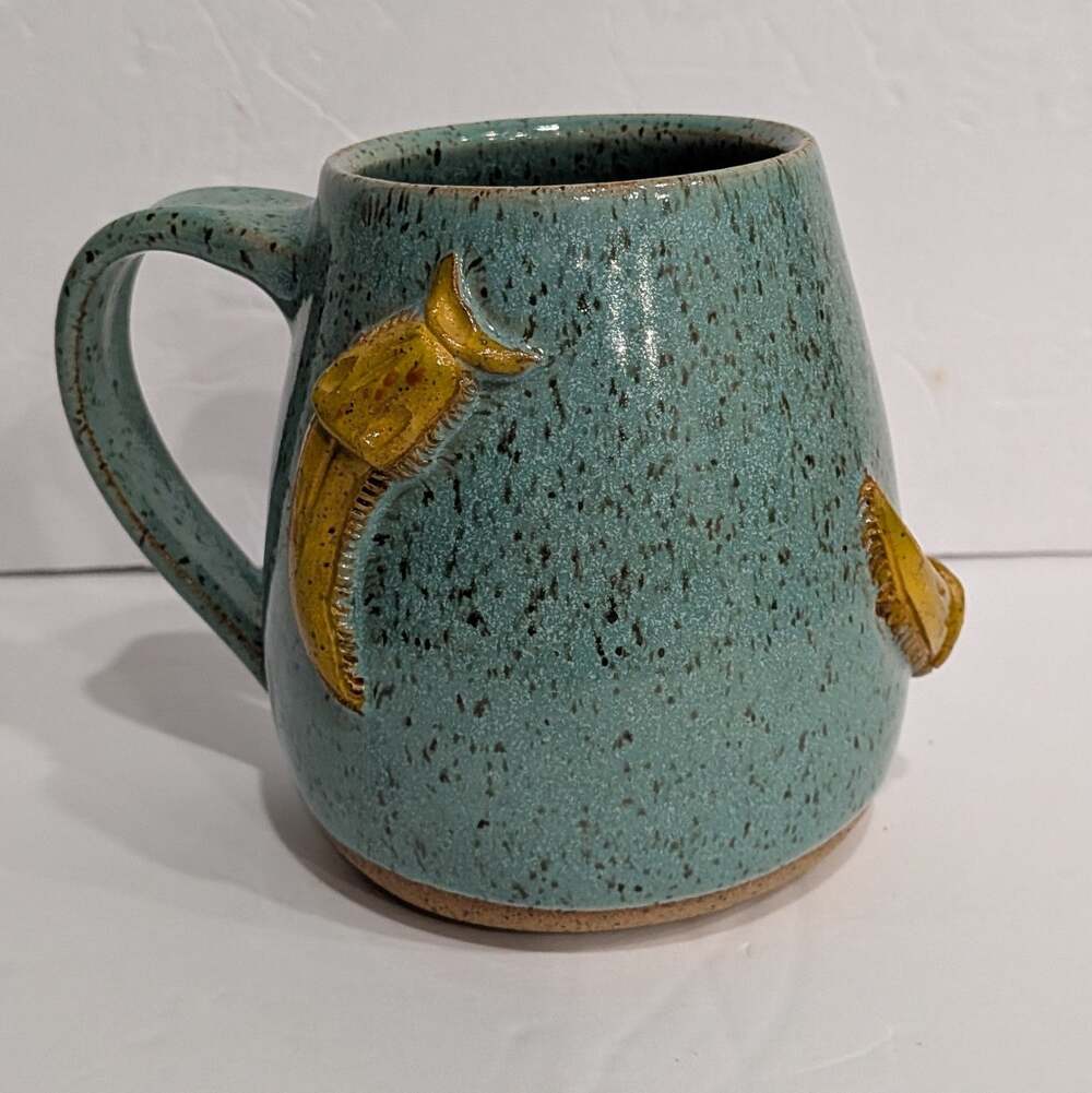 AnnaCanArt Ceramic Banana Slug Mug Handmade Turquoise Speckled Glaze Anna